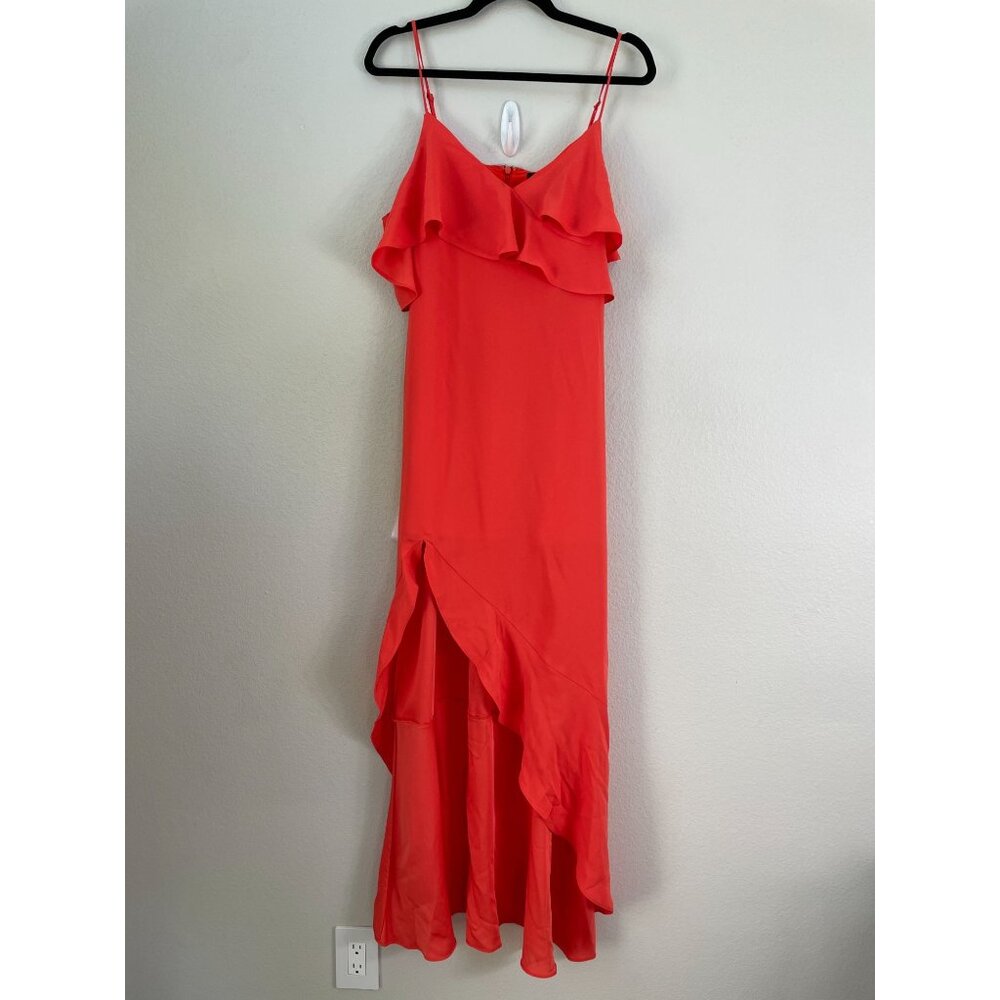 NEW BCBGMaxAzria Womens 0‎ Red Orange Spaghetti Strap Asymmetrical Ruffle Dress - Picture 2 of 11